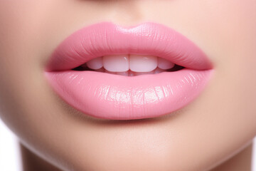 Close up of woman's lips with pastel pink lipstick - obrazy, fototapety, plakaty