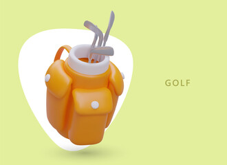 3D bag with set of golf clubs. Special backpack for sports accessories. Equipment rental. Coach, assistant services. Expensive outdoor hobby. Training on golf course