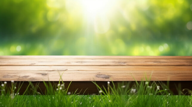Beautiful spring natural  background with green fresh juicy young grass and empty wooden table in nature morning outdoor.  Beauty bokeh and sunlight, Generative AI