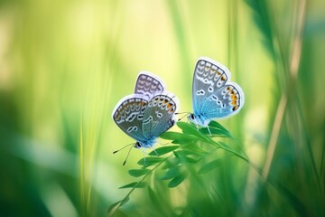 Two blue butterflies Polyommatus icarus in nature outdoors. Butterflies on a spring summer meadow in sunlight in lush grass, macro, Generative AI