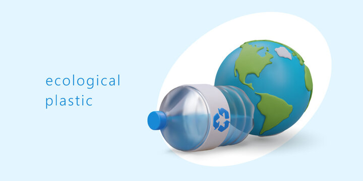 3d realistic big bottle for water and planet. Ecological recycled plastic bottle. Help and save planet concept. Vector illustration in blue colors with place for text