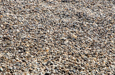 A high angle shot of a layer of gravel with selective focus. Many pebbles background