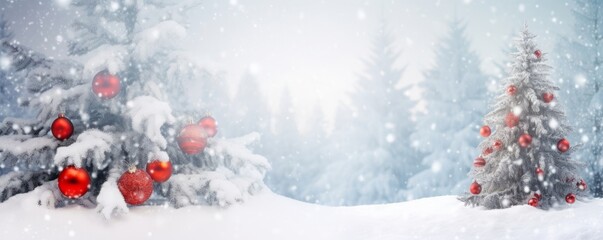 Naklejka na ściany i meble Beautiful Festive Christmas snowy background. Christmas tree decorated with red balls and knitted toys in forest in snowdrifts in snowfall outdoors, banner format, copy, Generative AI