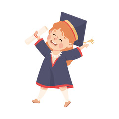 Happy Girl Graduating Wear Blue Gown and Graduation Cap Hold Diploma Vector Illustration