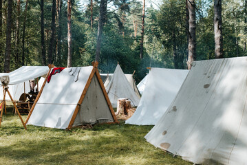 Medieval camp in the forest, ancient tent