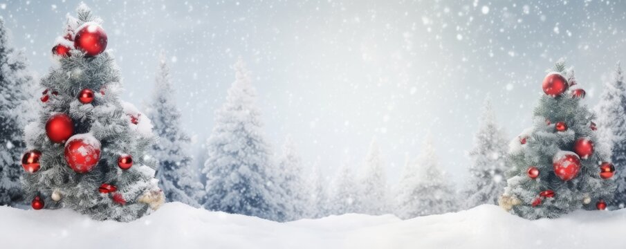 Beautiful Festive Christmas snowy background. Christmas tree decorated with red balls and knitted toys in forest in snowdrifts in snowfall outdoors, banner format, copy, Generative AI