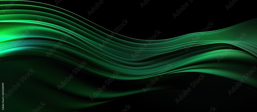 Poster copy space background with an abstract texture of a green neon color strip wave on a black paper.