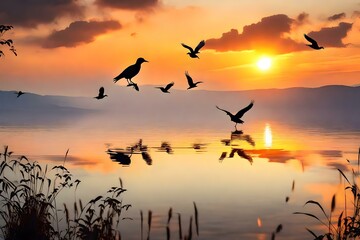 sunset over the lake and birds  Created using generative AI tools