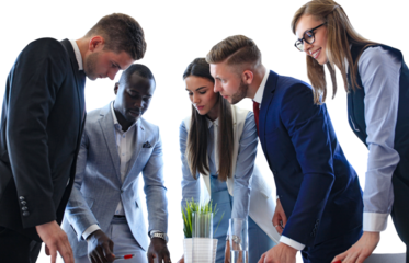 Business team discussing together business plans on a transparent background