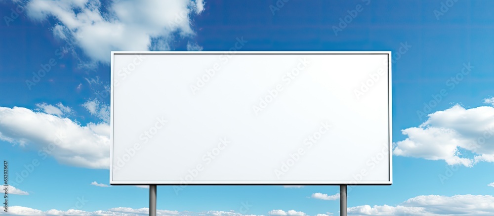 Poster blank billboard with a white screen against a backdrop of clouds and a blue sky. it can be used as a