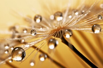 Water drops on dandelion seed macro in nature in yellow and gold tones, Generative AI