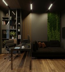 3d visualization of a modern home office. Wooden panels. Warm tones. Modern design