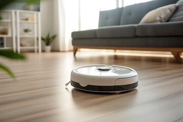 Modern autonomous vacuum cleaner cleans the floor in the living room in the apartment