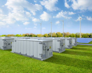 Amount of energy storage systems or battery container units with solar and turbine farm © phonlamaiphoto