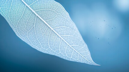 Beautiful white skeletonized leaf on light blue background with round bokeh. Expressive artistic image of beauty and purity of nature, Generative AI