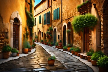 a charming 3D rendering of a quaint historic street in a picturesque old town.