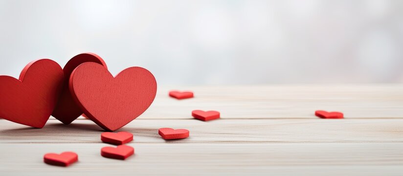 Two red wooden hearts are laid flat on a white surface, with a couple of smaller red hearts nearby. copy space available. This image represents the 14th of February.