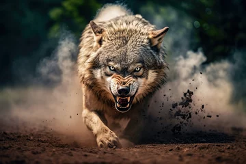 Foto op Plexiglas  furious gray wolf. Angry wolf roaring. Fury of the wolf © Katynn