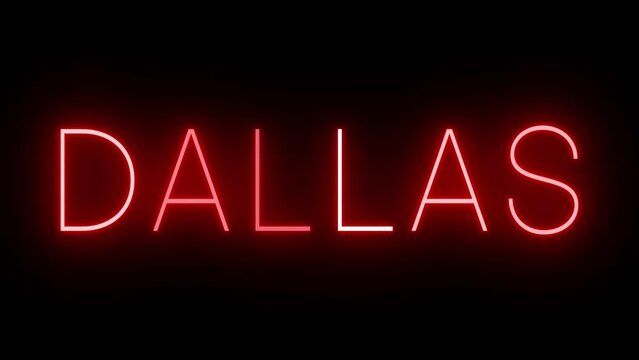 Red flickering and blinking animated neon sign for the city of Dallas