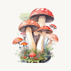 Vector mushrooms set watercolor hand draw illustration with white background
