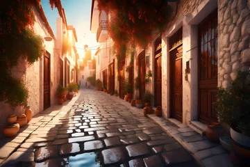 Schilderijen op glas Wide angle shot of narrow streets at sunrise in Bodrum, Mugla, Turkey. Tourism and leisure concept 3d rendering © Ahtesham