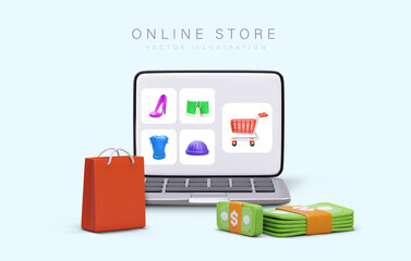 Online clothing store. Buyer electronic account, shopping cart. Remote payment. Cash payment to courier. Delivery services. Color 3D image. Money, laptop, packages
