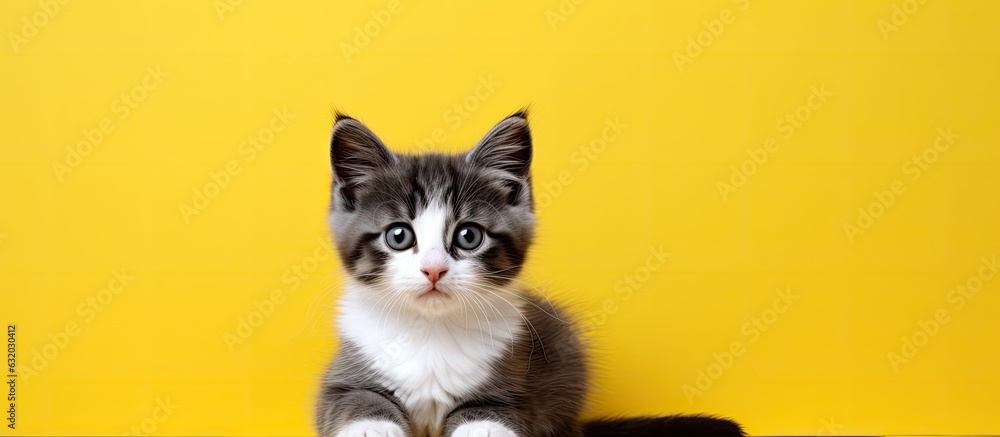 Poster A small gray and white kitten with a curious facial expression is sitting on a yellow background. The cat is isolated and empty space around it.