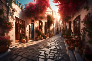  Wide angle shot of narrow streets at sunrise in Bodrum, Mugla, Turkey. Tourism and leisure concept 3d rendering © Ahtesham