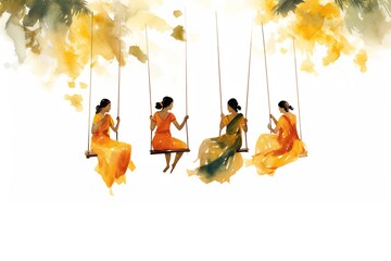 Water colour style painting of females swinging in the outdoor together. Concept for Onam festival in Kerala