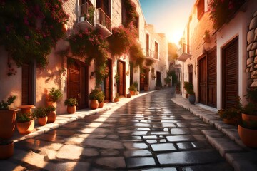 Wide angle shot of narrow streets at sunrise in Bodrum, Mugla, Turkey. Tourism and leisure concept...