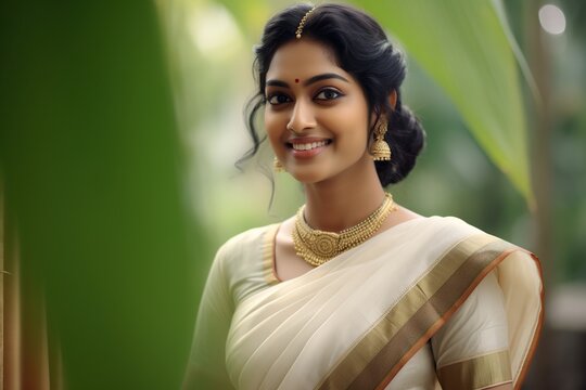 Happy smiling female of Indian ethnicity wearing traditional Kerala style sari and jewellery in the outdoor