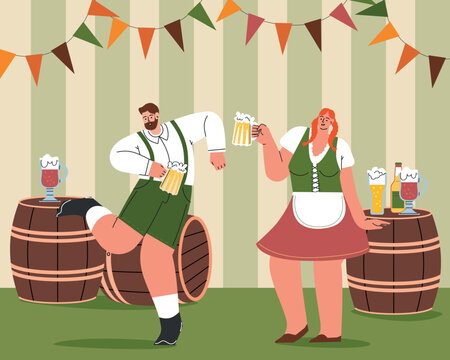  Group Of People Drink Beer Oktoberfest Party .Man And Woman Wearing Traditional German Clothes. Celebration the Oktoberfest Beer Festival. Fest Concept Flat Vector Illustration. Vector illustration