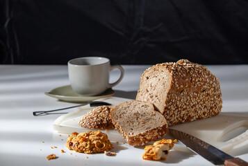 bread and coffee cup in the morning