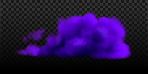Purple Halloween cloud. Vector magic smoke or fog background isolated. Violet realistic transparent sky effect