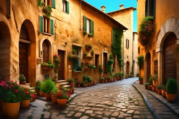 Fototapeta na wymiar Colorful street in Pienza, Tuscany, Italy 3d rendering