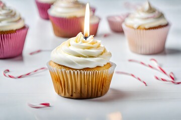 cupcakes with cream and candle on the celebration with awesome background 
Created using generative AI tools