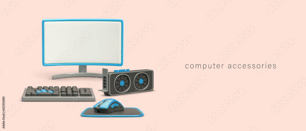 Poster realistic computer accessories. wide monitor, video card, keyboard, mouse with pad. workplace of pro