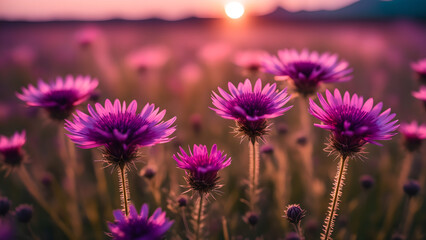 Wild flowers in a meadow at sunset. Macro image, shallow depth of field. Abstract summer nature background - obrazy, fototapety, plakaty