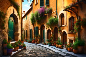 Colorful street in Pienza, Tuscany, Italy 3d rendering