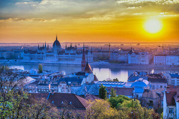 Budapest Hungary, city skyline sunrise at Hungarian Parliament and Danube River