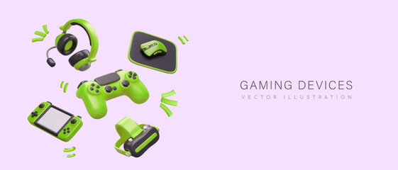 Gaming devices. Realistic green gamepad, controller, headphones, mouse, virtual reality glasses. Gamer accessories. Bright vector poster. Concept for gaming equipment store © ArtHub02