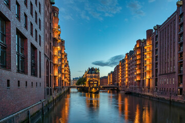 Fototapeta premium Hamburg Germany, night city skyline at Speicherstadt and canal