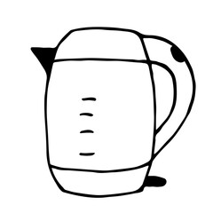 Electric glass teapot. Kitchen equipment, water heating, crockery. Simple black outline vector drawing. Sketch in ink.