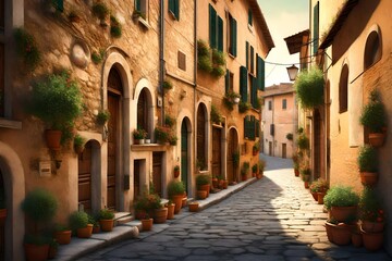 Fototapeta na wymiar Street in small town in Italy in summer, Umbria 3d rendering