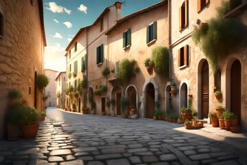 Fototapeta na wymiar Street in small town in Italy in summer, Umbria 3d rendering
