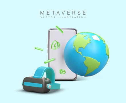 Concept of metaverse. Giant globe, VR glasses, smartphone. Augmented reality, cyberspace. Innovative technologies. Modern games and entertainment. Poster in cartoon style