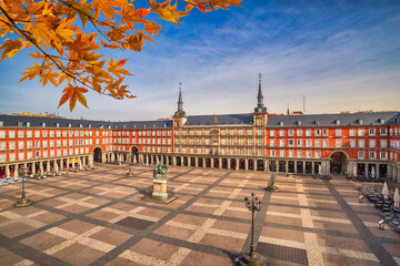 Madrid Spain, city skyline at Plaza Mayor with autumn leaf foliage - 632032229