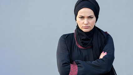 Muslim woman in black hijab dissatisfied with country regime crosses arms at grey building wall....
