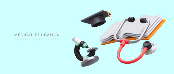 Medical education. Prestigious profession. Doctor diploma, nurse qualification. Vector poster with 3D microscope, graduate cap, stethoscope, book. Time to study