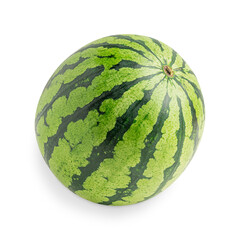 Single whole green striped watermelon cultivated edible fruit isolated on white background eaten as refreshment dessert as sweet fresh slices, diced in mixed salads, or as vitamin tropical juice